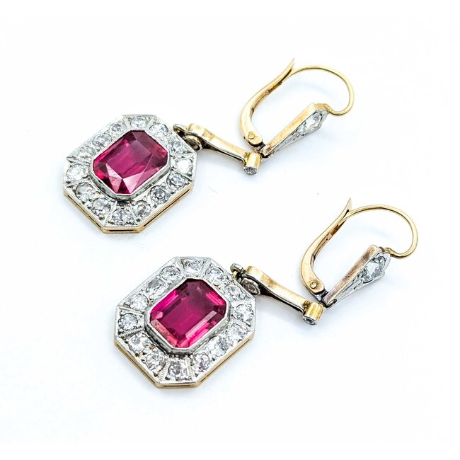 Earrings Art Deco 2.10ctw Old European/Mine Cut Diamonds Synthetic Ruby Platinum/18ky 50x15mm 9.4g 225070023