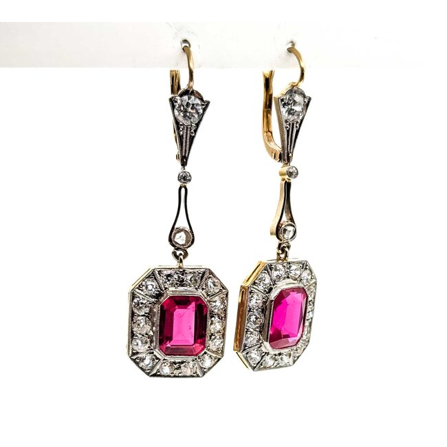 Earrings Art Deco 2.10ctw Old European/Mine Cut Diamonds Synthetic Ruby Platinum/18ky 50x15mm 9.4g 225070023