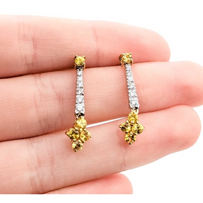Earrings Dangle Friction Back .30ctw Round Diamonds 1.10ctw Yellow Sapphire 14ktt 28x7mm 3.5g 225070026