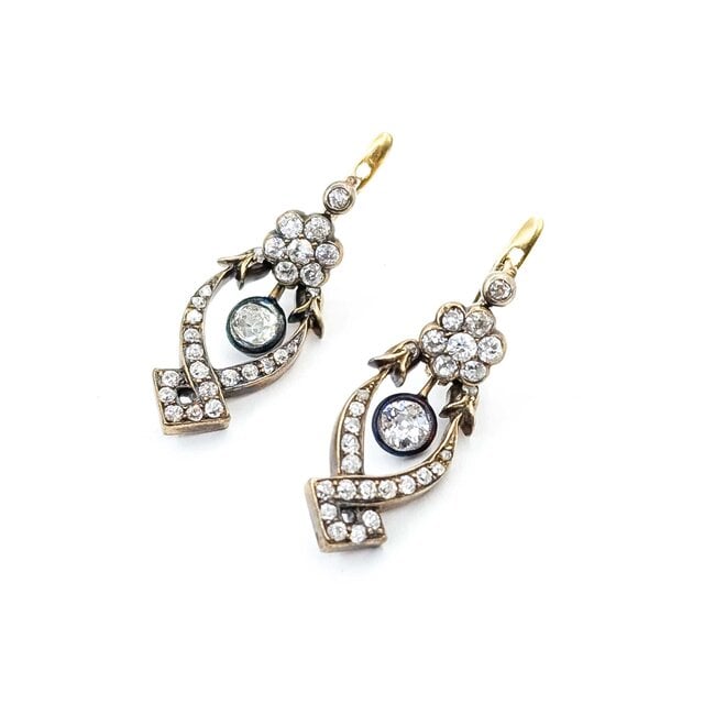 Earrings Victorian Leverback 2.50ctw Old European/Mine Cut Diamonds 18ky 31x12mm 8.4g 225070020