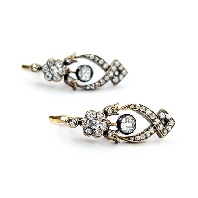 Earrings Victorian Leverback 2.50ctw Old European/Mine Cut Diamonds 18ky 31x12mm 8.4g 225070020