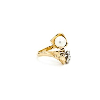 Ring Mid Century Fan Style .09ctw Round Diamonds 6.8mm Akoya Pearl 14ky Sz5 5.8g 225070104