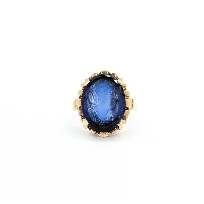 Ring Mid Century Blue Glass Cameo 10ky Sz5 4.9g 225070102