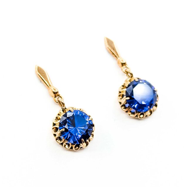Earrings Dangle Vintage 9.5mm Synthetic Sapphire 14ky 27x12mm 4.5g 225070115