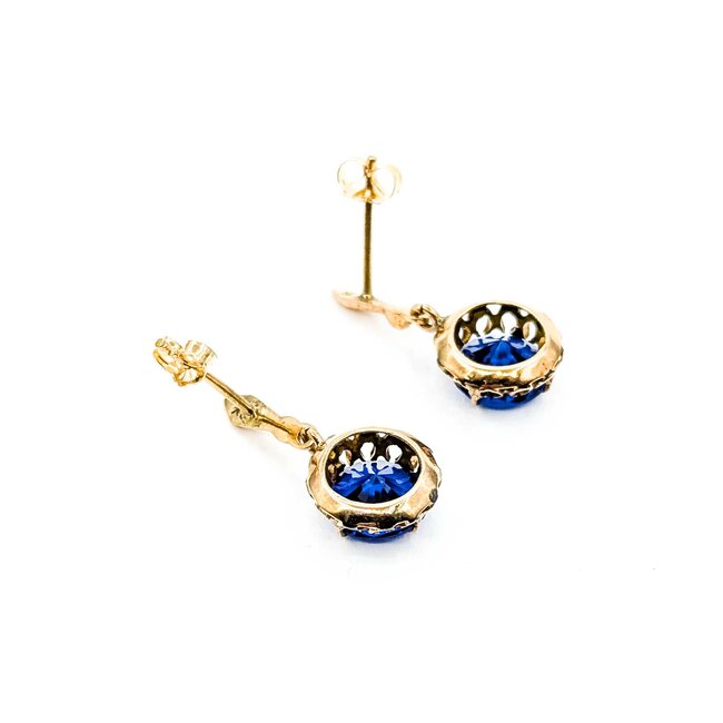Earrings Dangle Vintage 9.5mm Synthetic Sapphire 14ky 27x12mm 4.5g 225070115