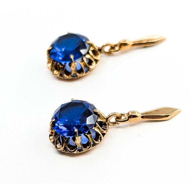 Earrings Dangle Vintage 9.5mm Synthetic Sapphire 14ky 27x12mm 4.5g 225070115