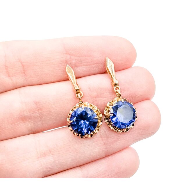 Earrings Dangle Vintage 9.5mm Synthetic Sapphire 14ky 27x12mm 4.5g 225070115