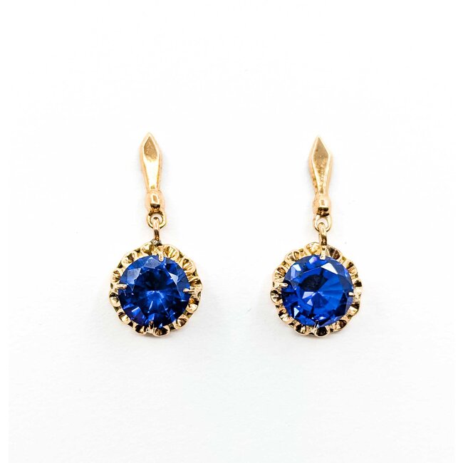 Earrings Dangle Vintage 9.5mm Synthetic Sapphire 14ky 27x12mm 4.5g 225070115