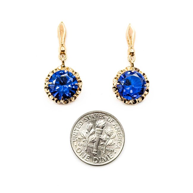 Earrings Dangle Vintage 9.5mm Synthetic Sapphire 14ky 27x12mm 4.5g 225070115