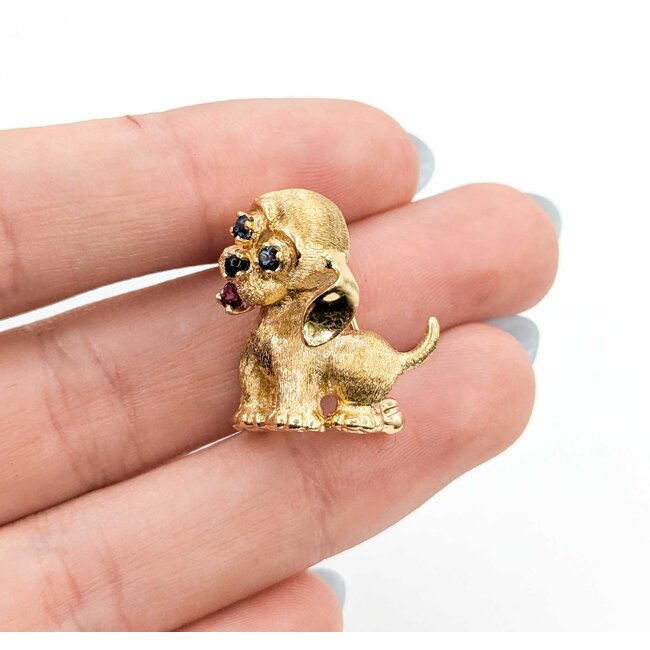 Brooch Puppy Ruby/Sapphire/Black Onyx 14ky 21.5x21.5mm 5.7g 225070129