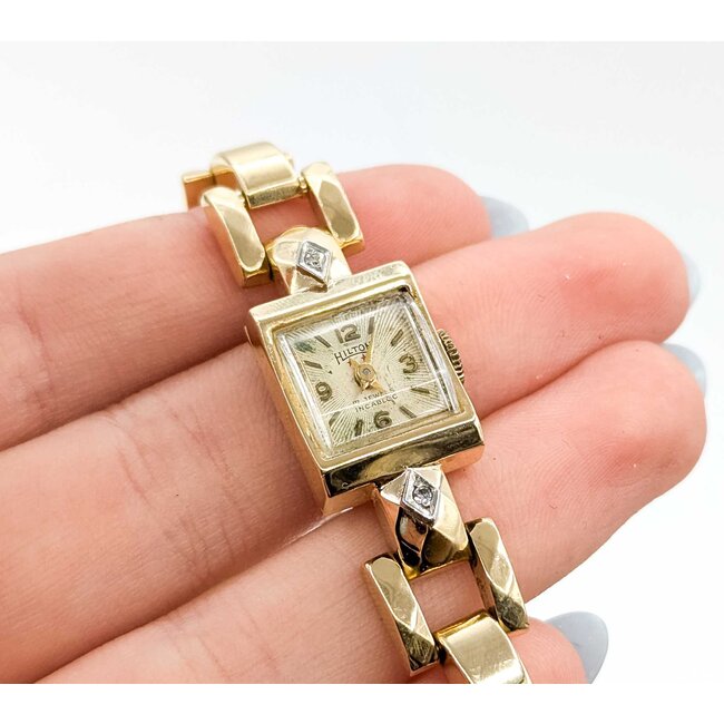 Watch Hilton Wind Up Wristwatch .02ctw Single Cut Diamonds 14ky 6.5" 20.8g 225070137