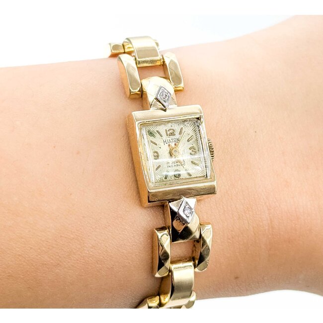 Watch Hilton Wind Up Wristwatch .02ctw Single Cut Diamonds 14ky 6.5" 20.8g 225070137