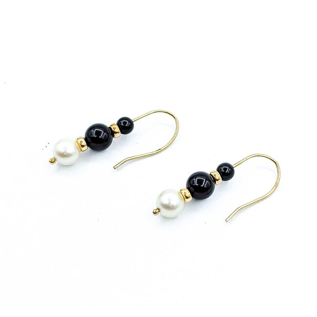 Earrings Dangle Pearl Onyx 14ky 29x5.5mm 1.9g 225070145
