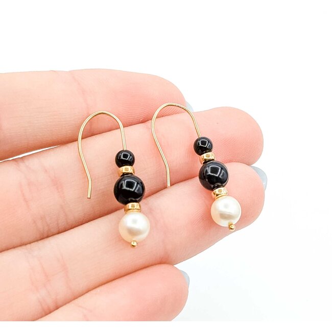 Earrings Dangle Pearl Onyx 14ky 29x5.5mm 1.9g 225070145