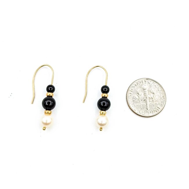 Earrings Dangle Pearl Onyx 14ky 29x5.5mm 1.9g 225070145