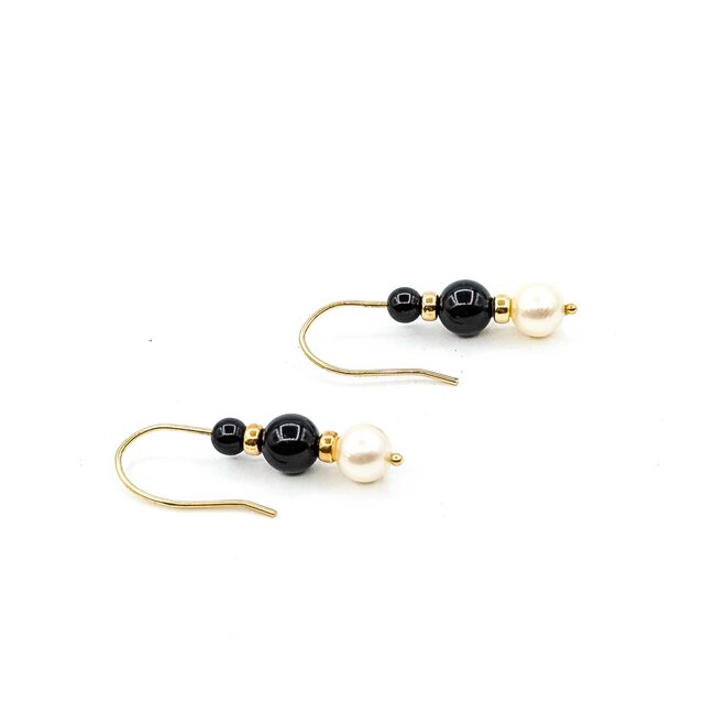 Earrings Dangle Pearl Onyx 14ky 29x5.5mm 1.9g 225070145