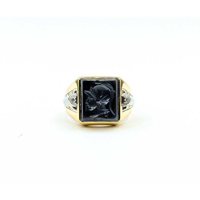 Ring Carved Soldier .01ctw Single Cut Diamonds Hematite 10ky 16mm Sz10 8.2g 225070080