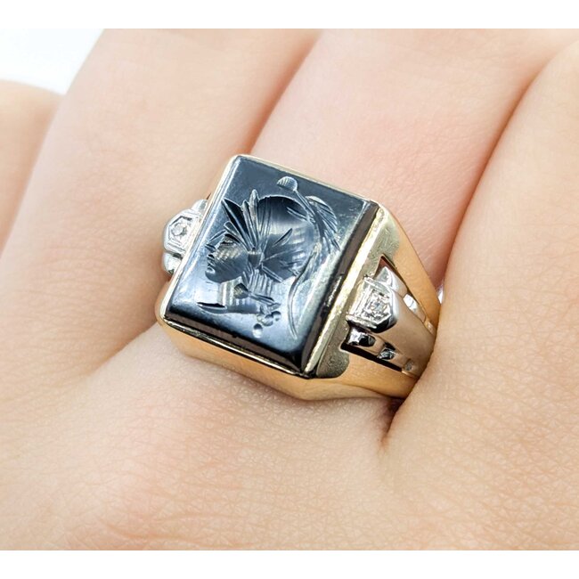 Ring Carved Soldier .01ctw Single Cut Diamonds Hematite 10ky 16mm Sz10 8.2g 225070080