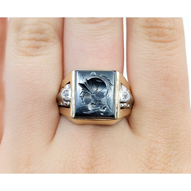 Ring Carved Soldier .01ctw Single Cut Diamonds Hematite 10ky 16mm Sz10 8.2g 225070080
