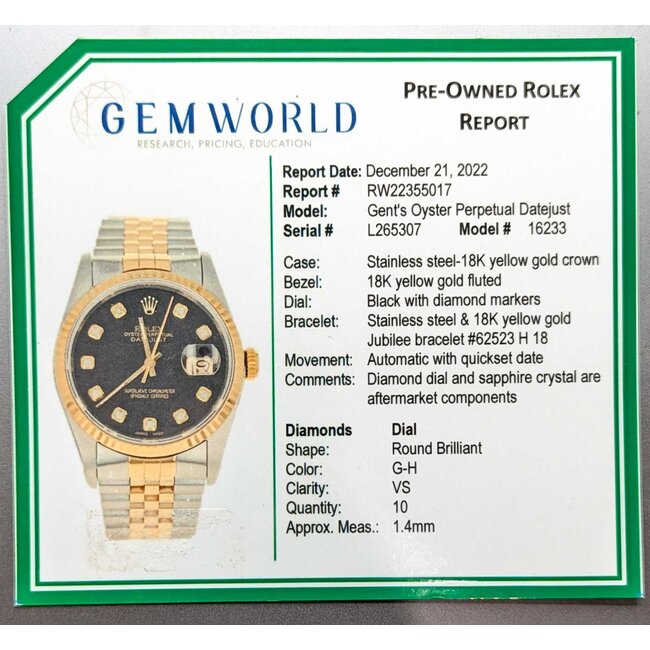 Watch Rolex Oyster Perpetual Datejust 16233 Yr 1989 AM Diamond Dial 36mm Stainless Steel & 18kt Yellow Gold 7.5" Box & Card 125076004