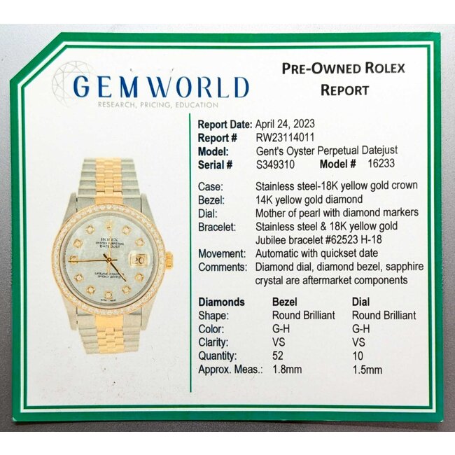 Watch Rolex Oyster Perpetual Datejust 16233 Yr 1994 AM Dial Diamond & Bezel 36mm Stainless Steel & 18kt Yellow Gold 7.75" Box & Card 125076005