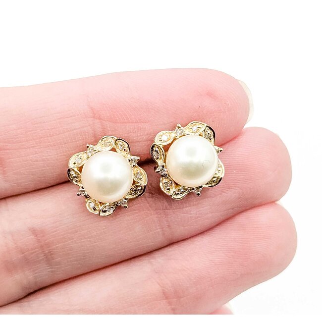 Earrings Round Single Cut Diamonds 8mm Pearl 14ky 12.5mm 3.89g 225080070