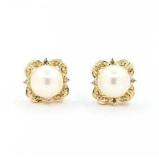 Earrings Round Single Cut Diamonds 8mm Pearl 14ky 12.5mm 3.89g 225080070