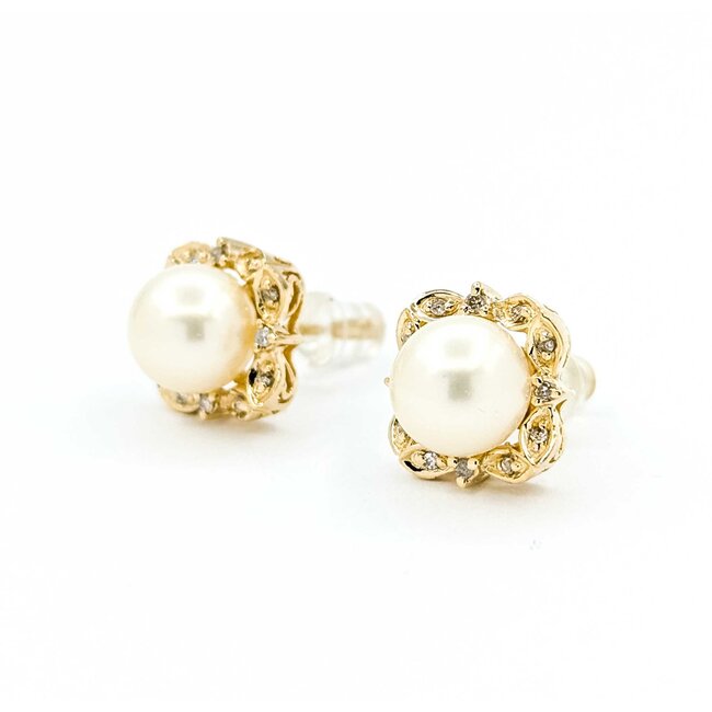 Earrings Round Single Cut Diamonds 8mm Pearl 14ky 12.5mm 3.89g 225080070