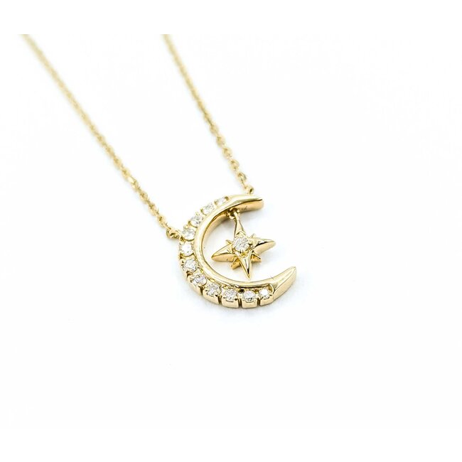 Necklace Crescent & Star .08ctw Round Diamonds 14ky 15.5"-16.5"-17.5" 1.61g 125060141