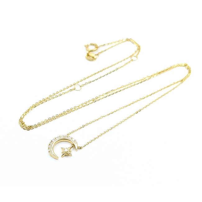 Necklace Crescent & Star .08ctw Round Diamonds 14ky 15.5"-16.5"-17.5" 1.61g 125060141