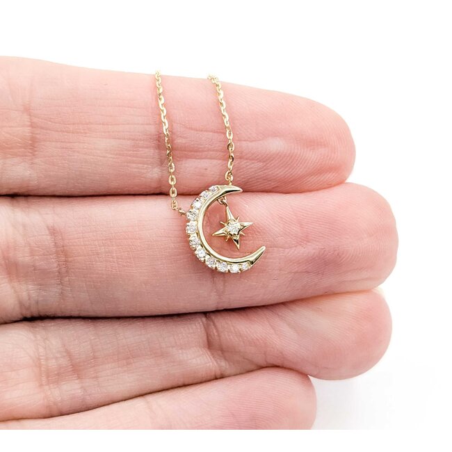 Necklace Crescent & Star .08ctw Round Diamonds 14ky 15.5"-16.5"-17.5" 1.61g 125060141