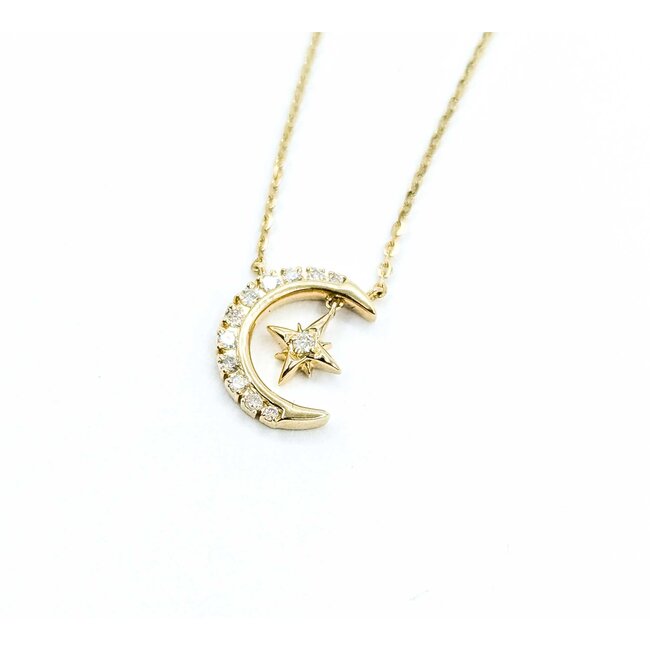 Necklace Crescent & Star .08ctw Round Diamonds 14ky 15.5"-16.5"-17.5" 1.61g 125060141