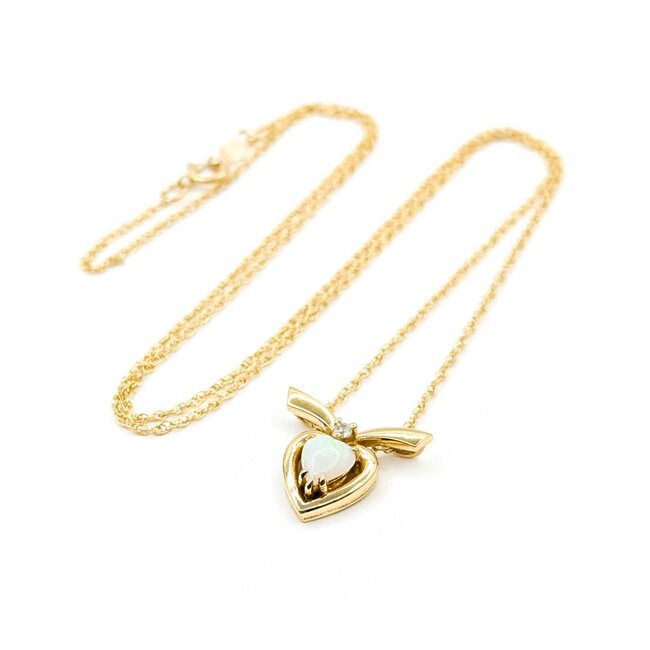 Pendant Ribbon Heart .025ct Round Diamond .38ct Opal 14ky 1.1mm 18" 2.9g 125060153