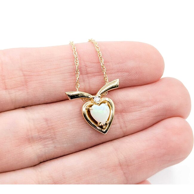 Pendant Ribbon Heart .025ct Round Diamond .38ct Opal 14ky 1.1mm 18" 2.9g 125060153