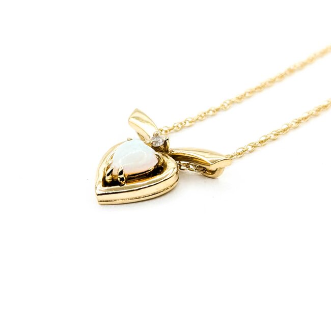 Pendant Ribbon Heart .025ct Round Diamond .38ct Opal 14ky 1.1mm 18" 2.9g 125060153