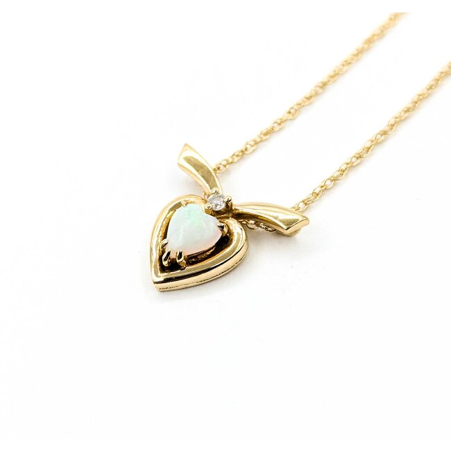 Pendant Ribbon Heart .025ct Round Diamond .38ct Opal 14ky 1.1mm 18" 2.9g 125060153