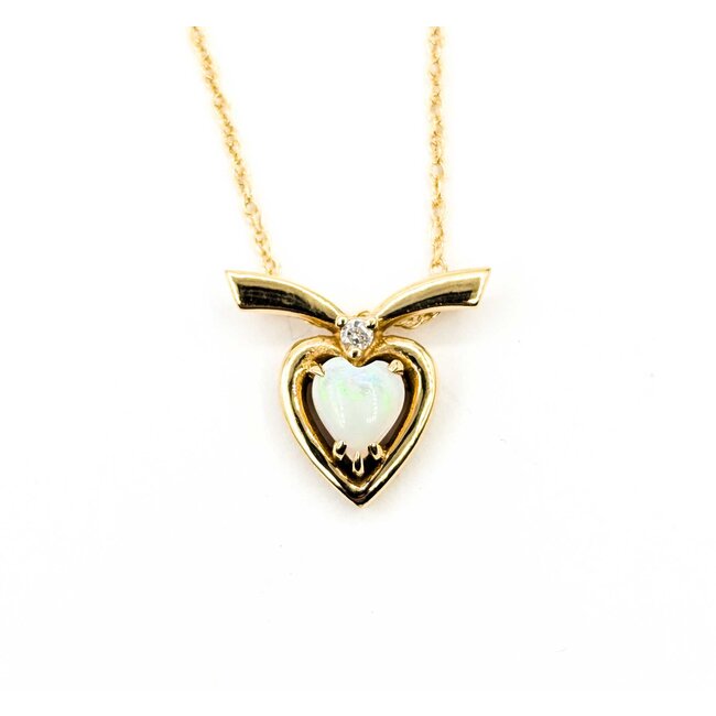 Pendant Ribbon Heart .025ct Round Diamond .38ct Opal 14ky 1.1mm 18" 2.9g 125060153