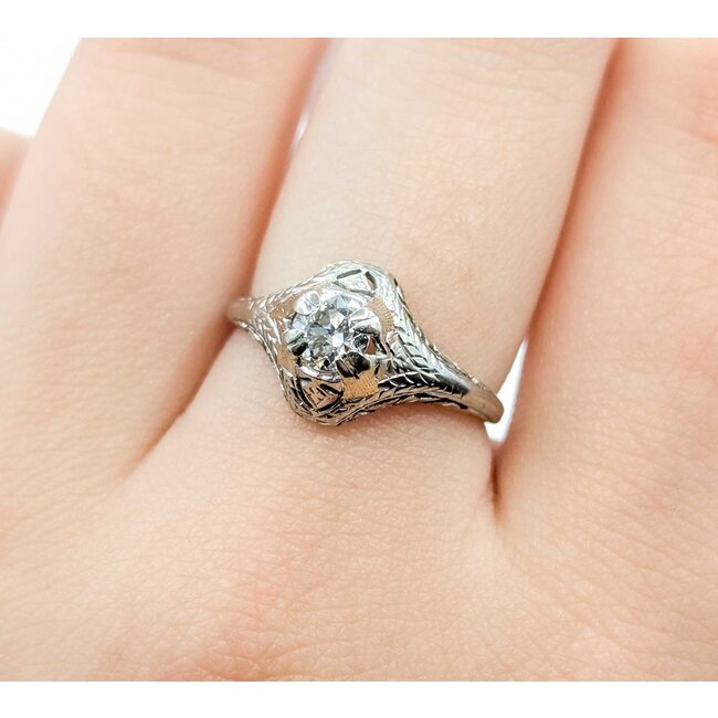 Ring Antique Engagement Filigree .43ct Old European Cut Diamond 18kw 1.9mm Sz7.25 2.33g 225090028