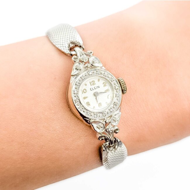 Watch Elgin Wind Up Wristwatch .06ctw Single Cut Diamonds 14kw 7.7g 225070140
