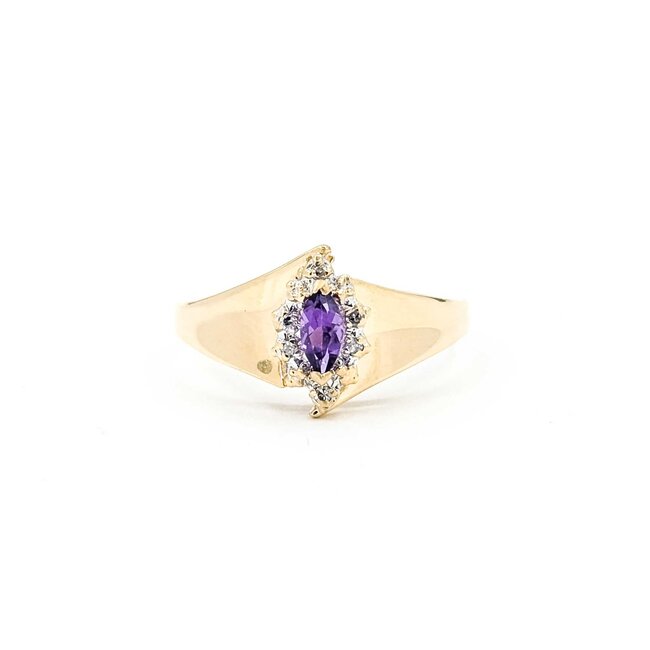 Ring 1980's .03ctw Single Cut Diamonds .18ct Purple Amethyst 14ky 11.5mm Sz10 3.21g 225090015