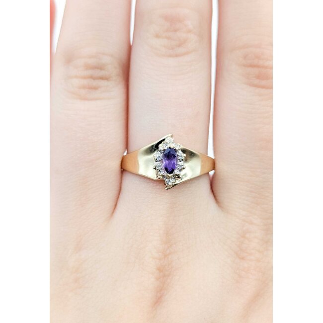 Ring 1980's .03ctw Single Cut Diamonds .18ct Purple Amethyst 14ky 11.5mm Sz10 3.21g 225090015