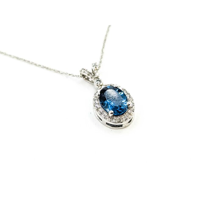 Pendant Halo 0.17ctw Round Diamonds 1.5ct London Blue Topaz 10kw .6x.4" 18" 1.84g 125090049