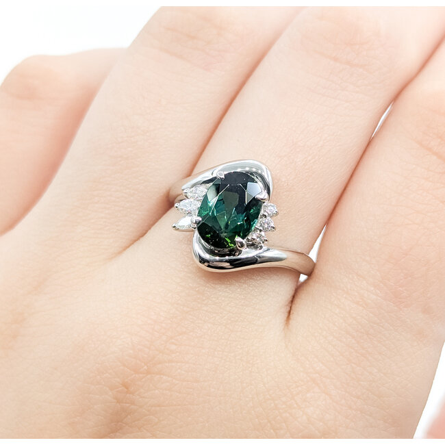 Ring By-pass .22ctw Round & Marquise Diamonds 2.5ct Green Tourmaline 900pt 15mm Sz8.5 7.21g 125090015
