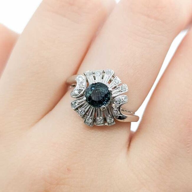 Ring Cocktail .20ctw Round Diamonds .85ct Teal Sapphire 14kw 14x14mm Sz5.5 3.62g 125090029