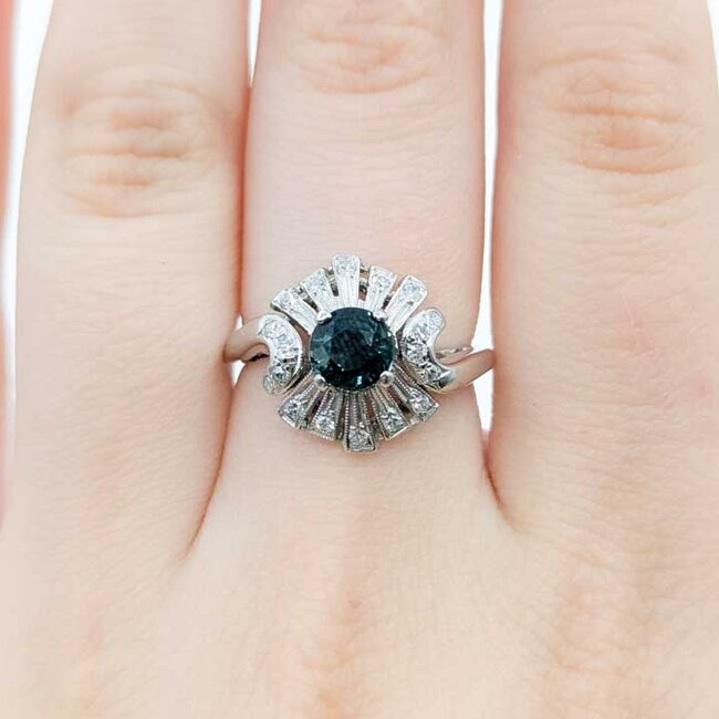 Ring Cocktail .20ctw Round Diamonds .85ct Teal Sapphire 14kw 14x14mm Sz5.5 3.62g 125090029