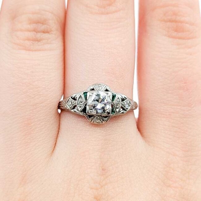 Ring Antique .72ctw European Cut Diamonds .08ctw Emerald Platinum 9.85mm Sz8.75 4.35g 225090043