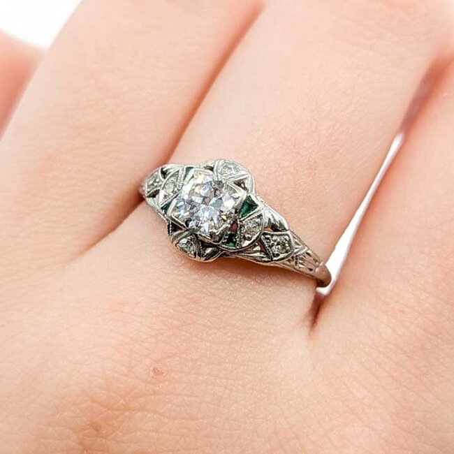 Ring Antique .72ctw European Cut Diamonds .08ctw Emerald Platinum 9.85mm Sz8.75 4.35g 225090043