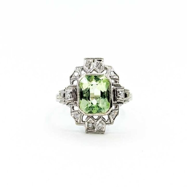Ring Filigree Milgrain .20ctw Round Diamonds 3.25ct Light Green Uranium Glass 14kw 18x12mm Sz7 3.63g 125090016