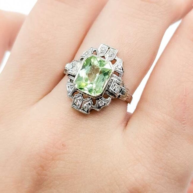 Ring Filigree Milgrain .20ctw Round Diamonds 3.25ct Light Green Uranium Glass 14kw 18x12mm Sz7 3.63g 125090016