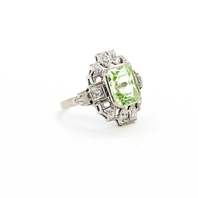 Ring Filigree Milgrain .20ctw Round Diamonds 3.25ct Light Green Uranium Glass 14kw 18x12mm Sz7 3.63g 125090016